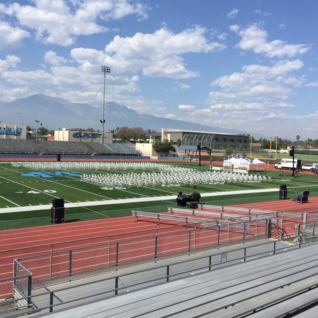 A view of an empty stadium from the bleachers.