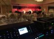 A large room with a bunch of lights and a big screen