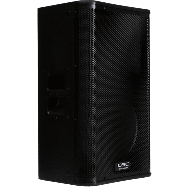 Black QSC loudspeaker with mesh front.