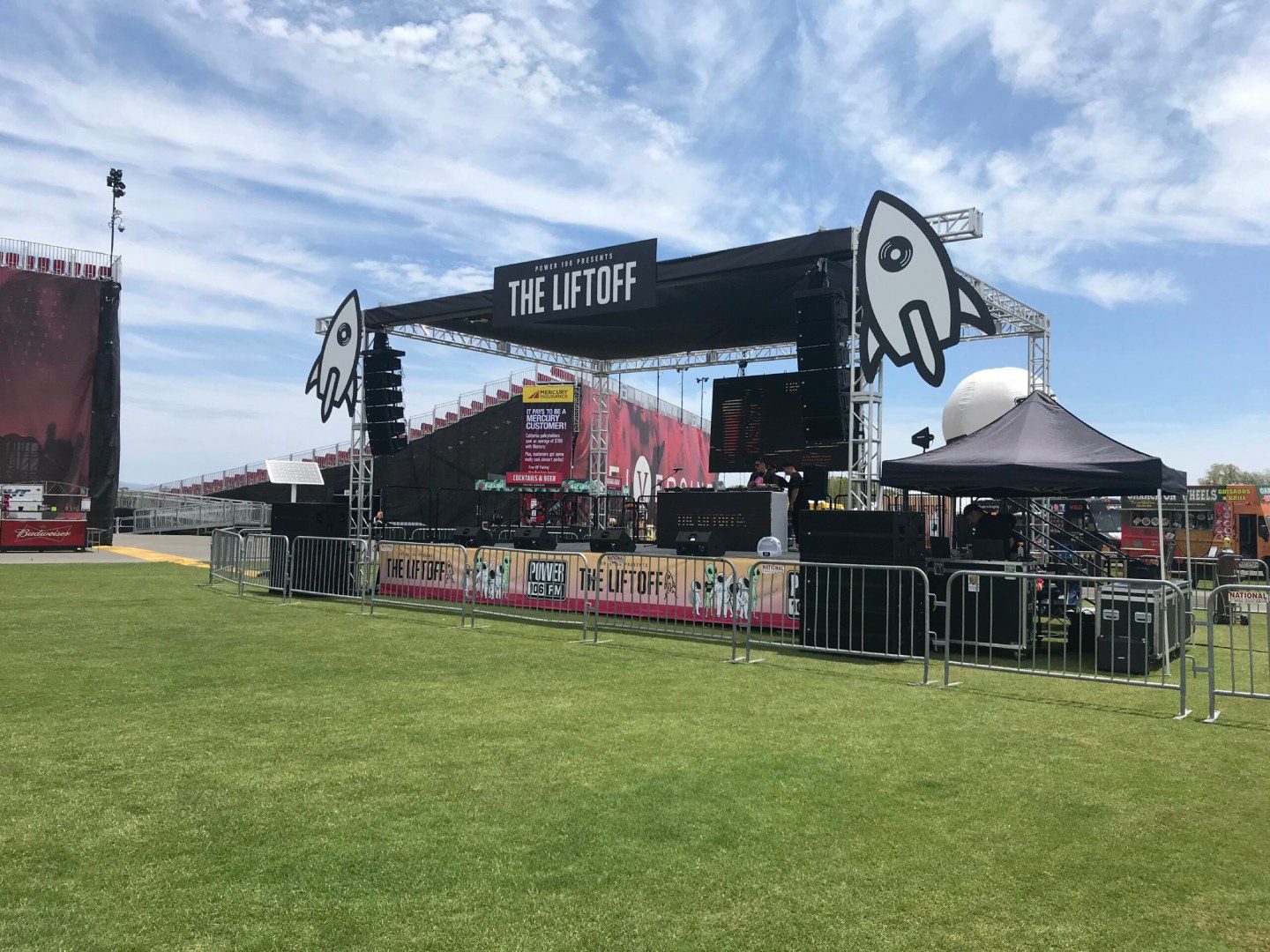 A stage with a large sign on it